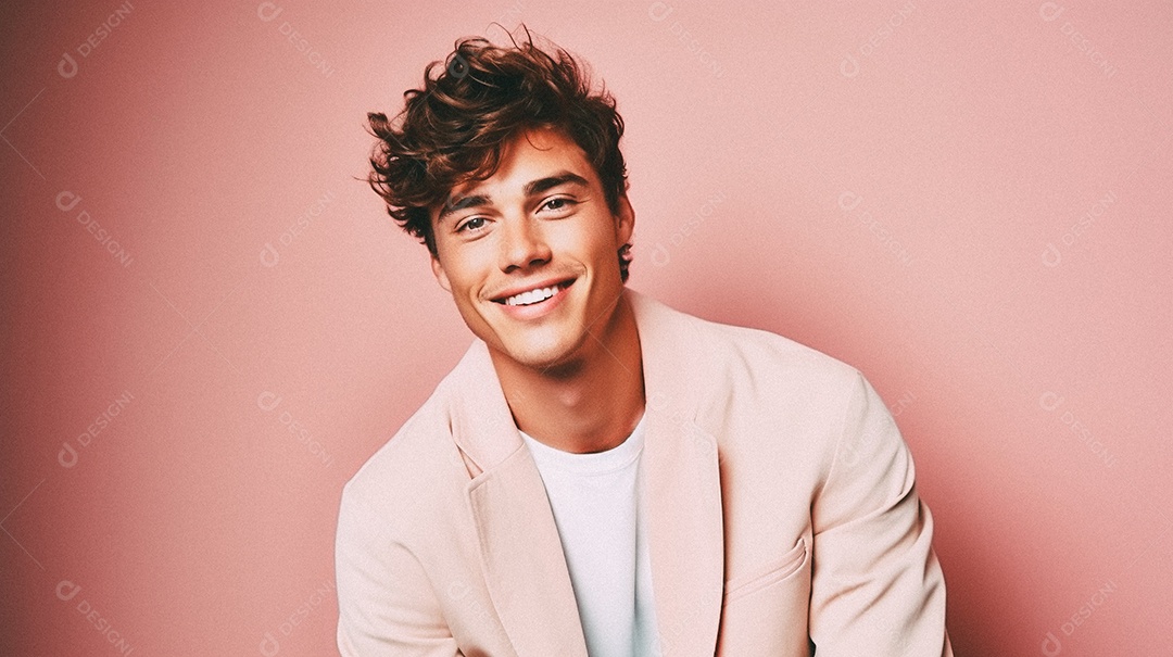 Um homem jovem e moderno, sorridente, entusiasmado, estúdio, fundo em cor pastel