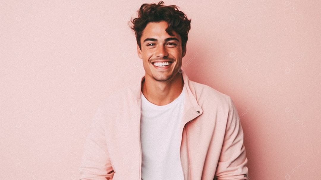 Um homem jovem e moderno, sorridente, entusiasmado, estúdio, fundo em cor pastel