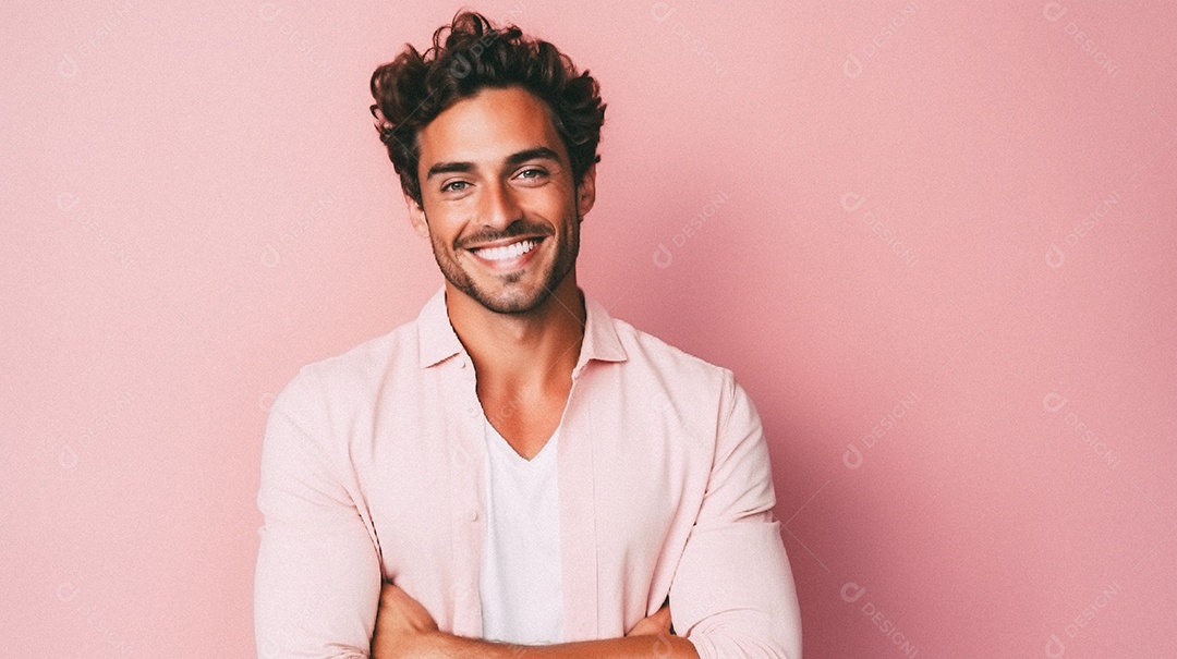 Um homem jovem e moderno, sorridente, entusiasmado, estúdio, fundo em cor pastel