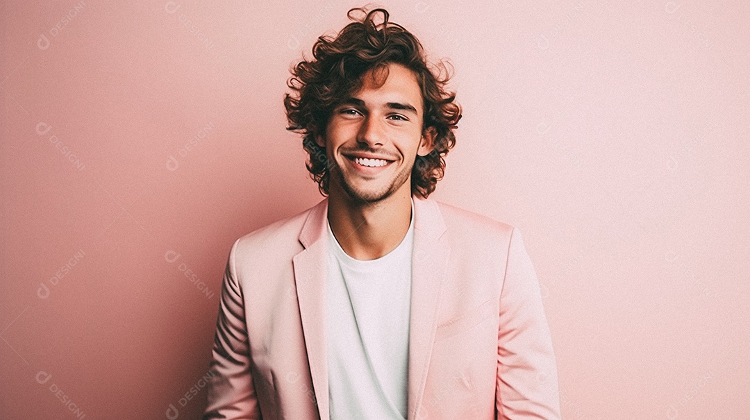Um homem jovem e moderno, sorridente, entusiasmado, estúdio, fundo em cor pastel