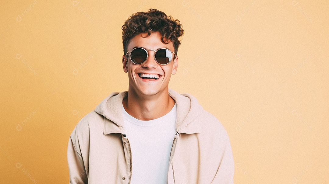 Homem velho e moderno, sorridente, iluminado, estúdio, fundo em cor pastel
