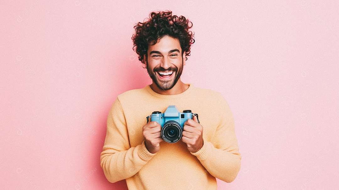 Um homem jovem e moderno, sorridente, entusiasmado, estúdio, fundo em cor pastel