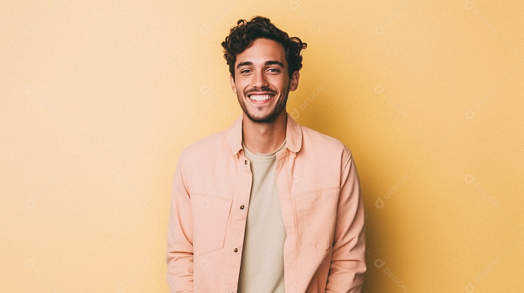 Um homem jovem e moderno, sorridente, entusiasmado, estúdio, fundo em cor pastel