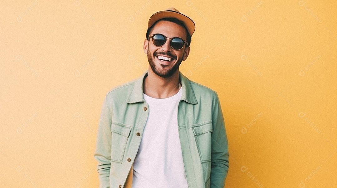 Um homem jovem e moderno, sorridente, entusiasmado, estúdio, fundo em cor pastel