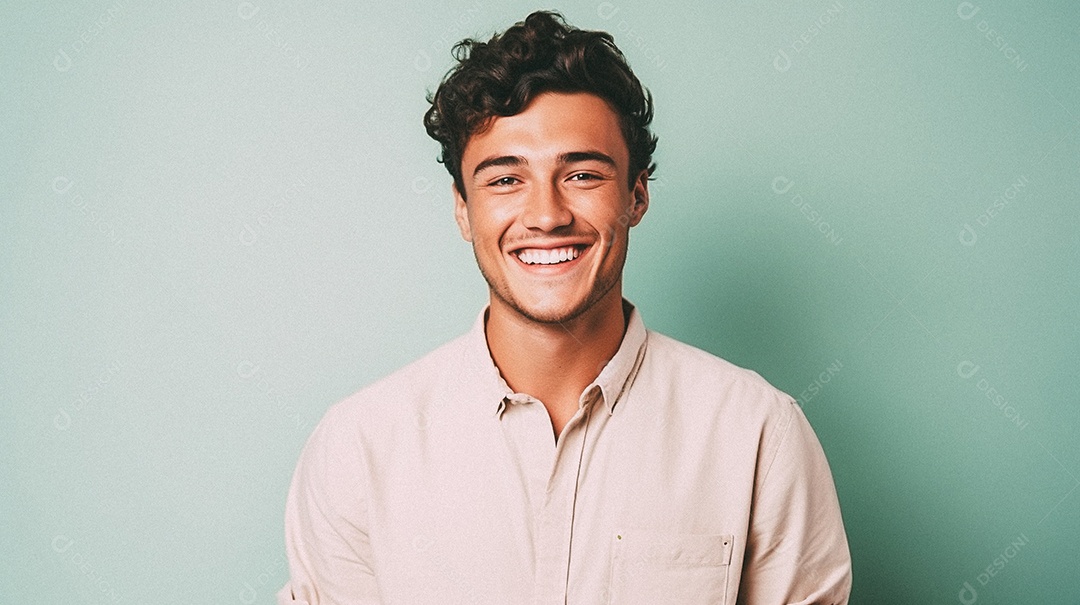 Um homem jovem e moderno, sorridente, entusiasmado, estúdio, fundo em cor pastel