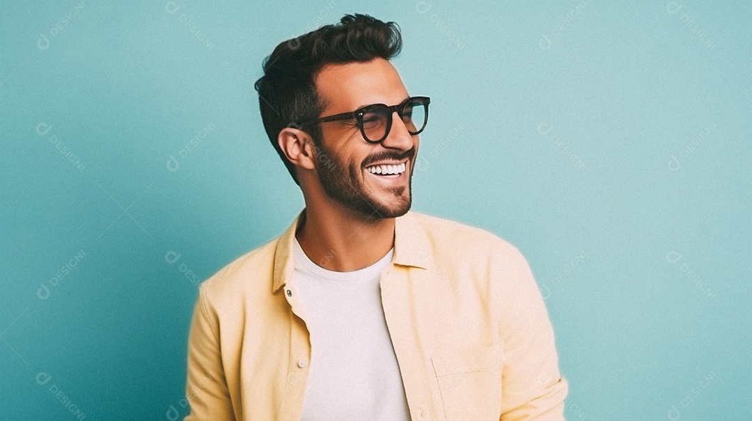 Um homem jovem e moderno, sorridente, entusiasmado, estúdio, fundo em cor pastel