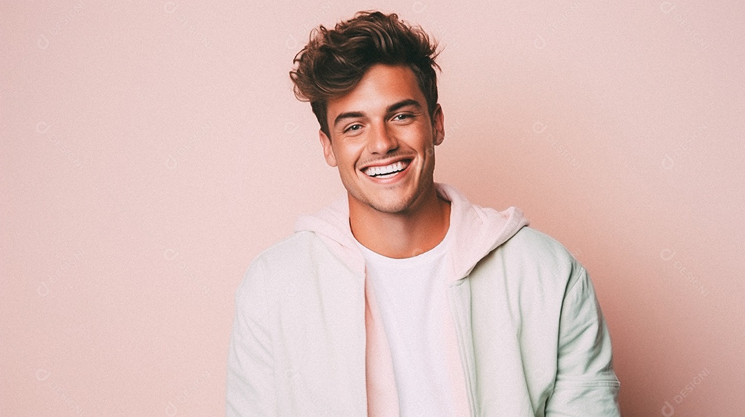 Um homem jovem e moderno, sorridente, entusiasmado, estúdio, fundo em cor pastel