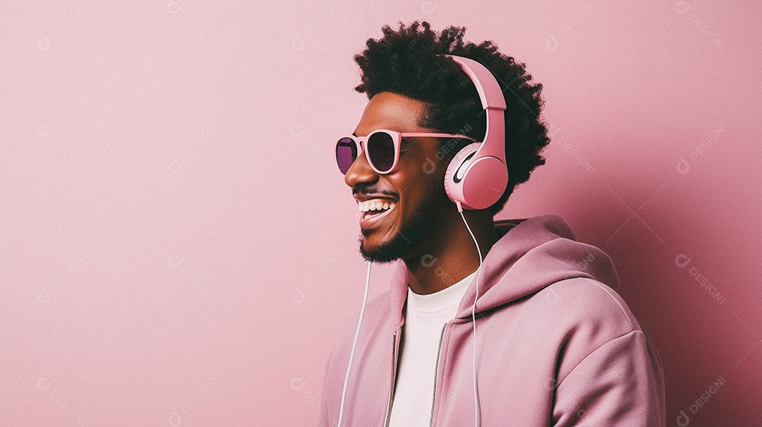 Um homem jovem e moderno, sorridente, entusiasmado, estúdio, fundo em cor pastel