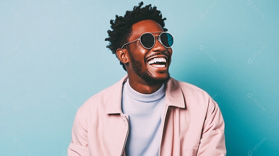 Um homem jovem e moderno, sorridente, entusiasmado, estúdio, fundo em cor pastel