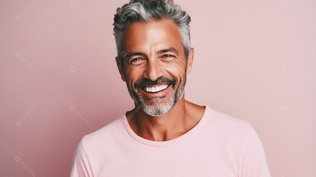 Um homem jovem e moderno, sorridente, entusiasmado, estúdio, fundo em cor pastel
