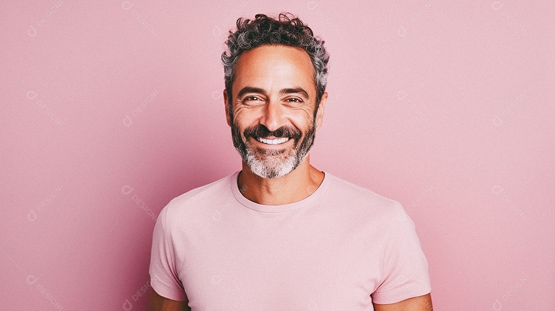 Um homem jovem e moderno, sorridente, entusiasmado, estúdio, fundo em cor pastel