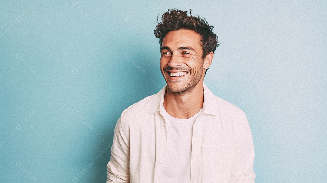 Um homem jovem e moderno, sorridente, entusiasmado, estúdio, fundo em cor pastel