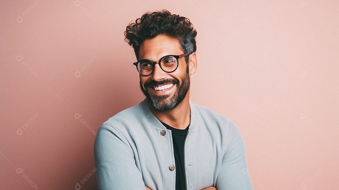 Um homem jovem e moderno, sorridente, entusiasmado, estúdio, fundo em cor pastel