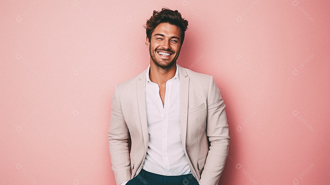 Um homem jovem e moderno, sorridente, entusiasmado, estúdio, fundo em cor pastel