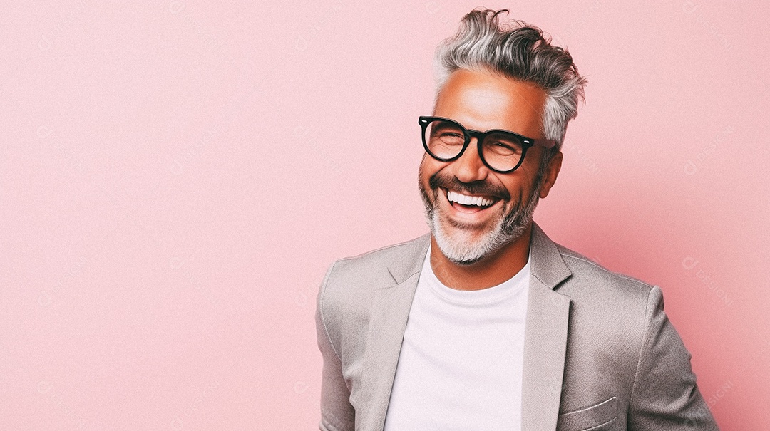 Um homem jovem e moderno, sorridente, entusiasmado, estúdio, fundo em cor pastel