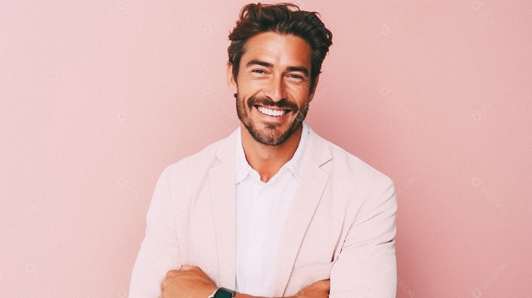 Homem velho e moderno, sorridente, iluminado, estúdio, fundo em cor pastel