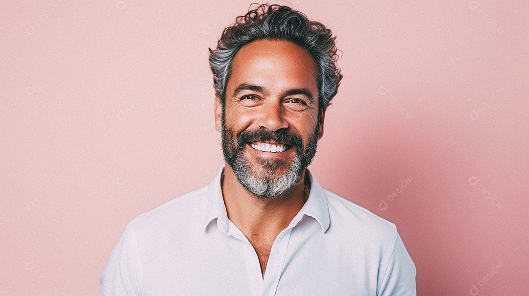 Homem velho e moderno, sorridente, iluminado, estúdio, fundo em cor pastel