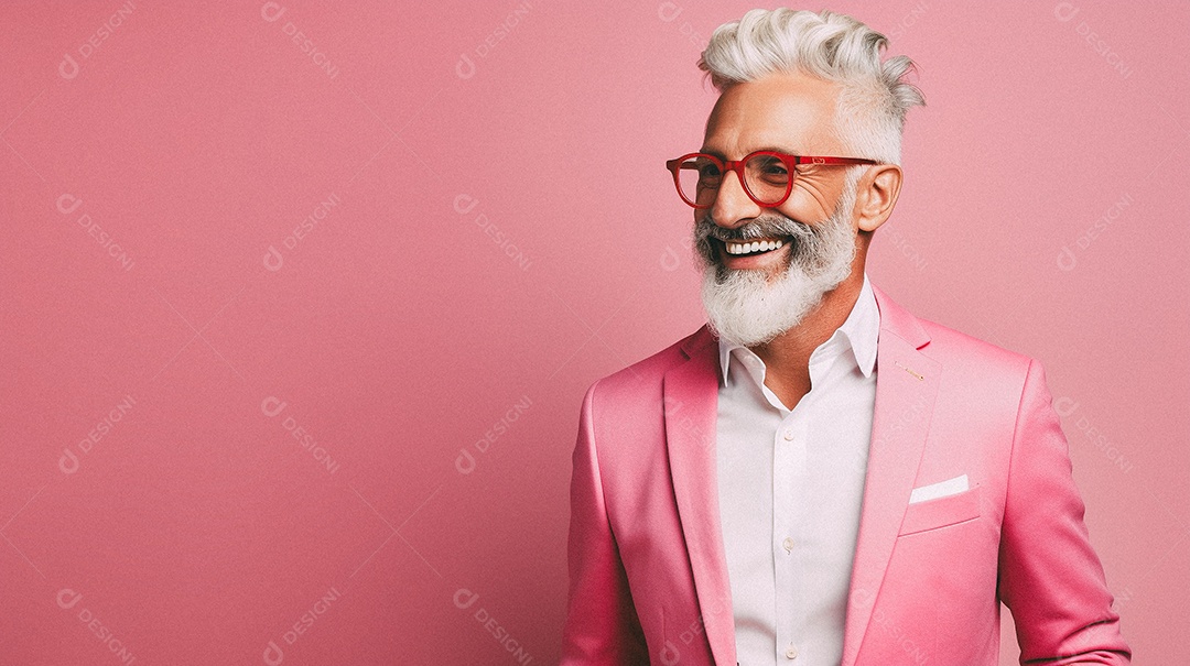 Homem velho e moderno, sorridente, iluminado, estúdio, fundo em cor pastel