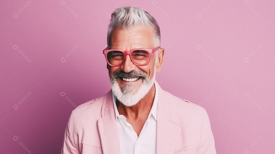 Homem velho e moderno, sorridente, iluminado, estúdio, fundo em cor pastel