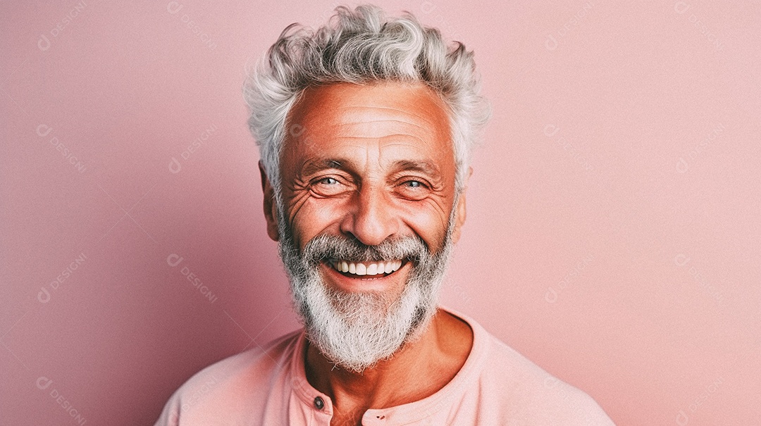 Homem velho e moderno, sorridente, iluminado, estúdio, fundo em cor pastel