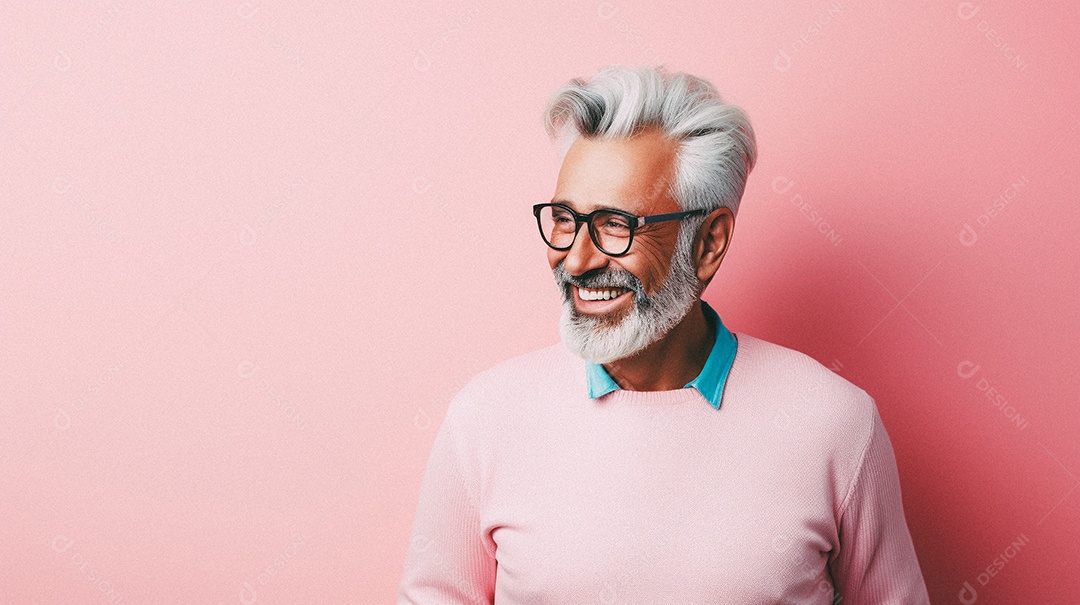 Homem velho e moderno, sorridente, iluminado, estúdio, fundo em cor pastel
