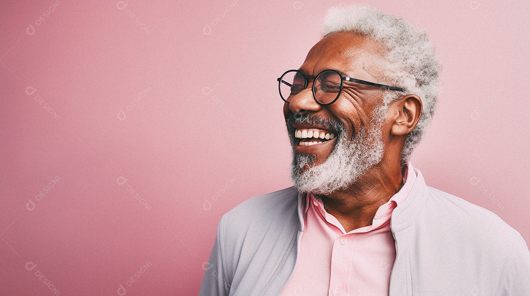 Homem velho e moderno, sorridente, iluminado, estúdio, fundo em cor pastel