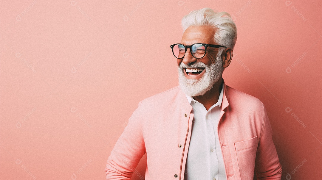 Homem velho e moderno, sorridente, iluminado, estúdio, fundo em cor pastel