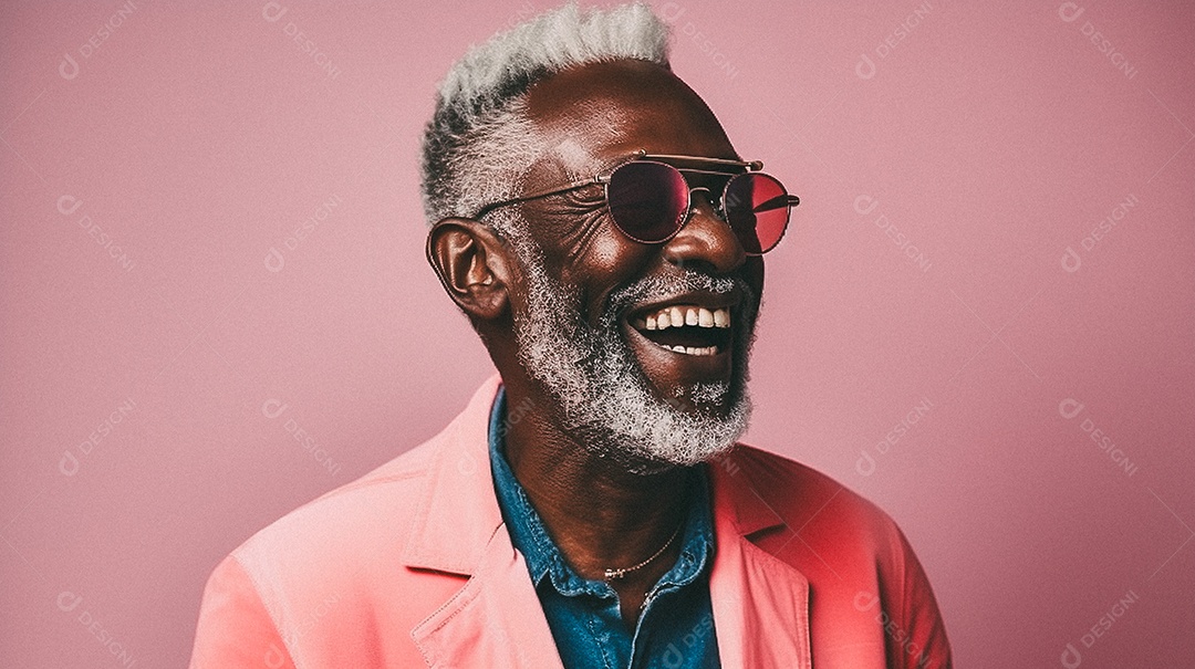 Homem velho e moderno, sorridente, iluminado, estúdio, fundo em cor pastel