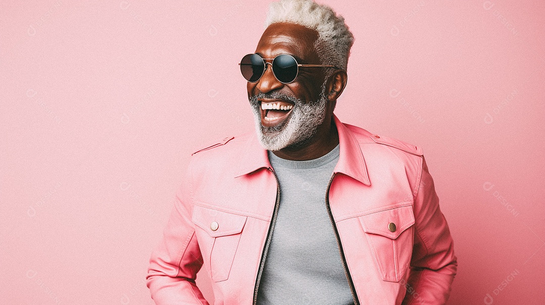 Homem velho e moderno, sorridente, iluminado, estúdio, fundo em cor pastel