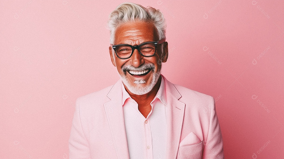 Homem velho e moderno, sorridente, iluminado, estúdio, fundo em cor pastel