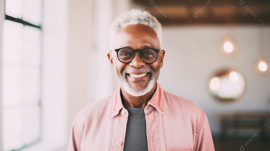 Homem velho e moderno, sorridente, iluminado, estúdio, fundo em cor pastel