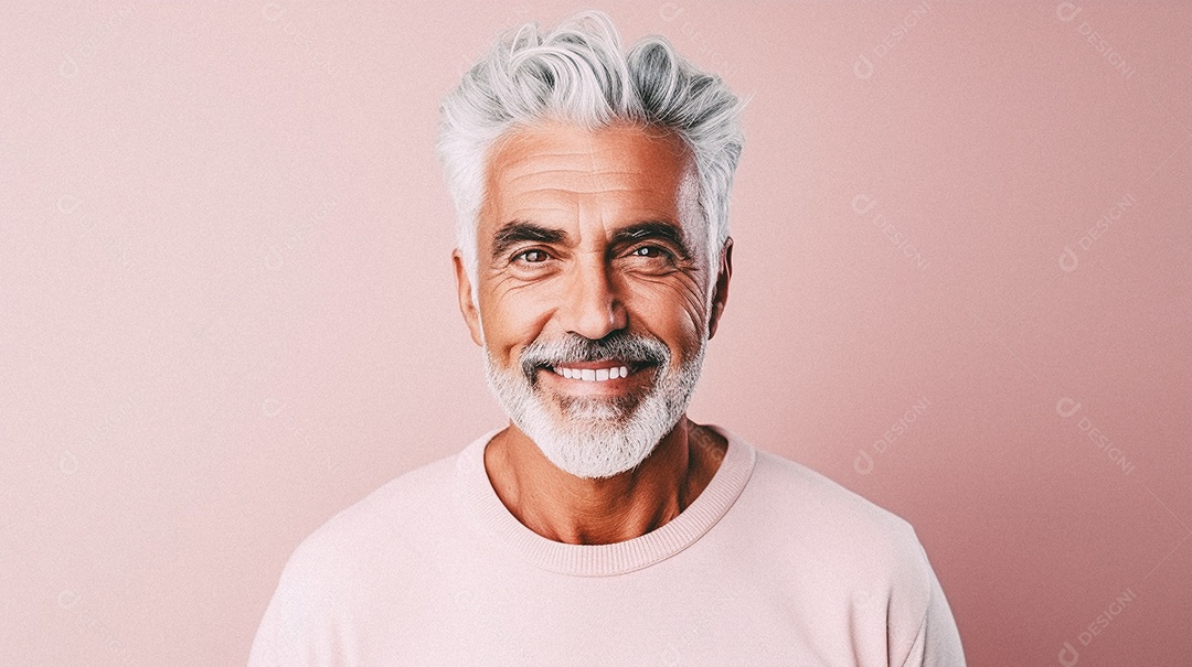 Homem velho e moderno, sorridente, iluminado, estúdio, fundo em cor pastel