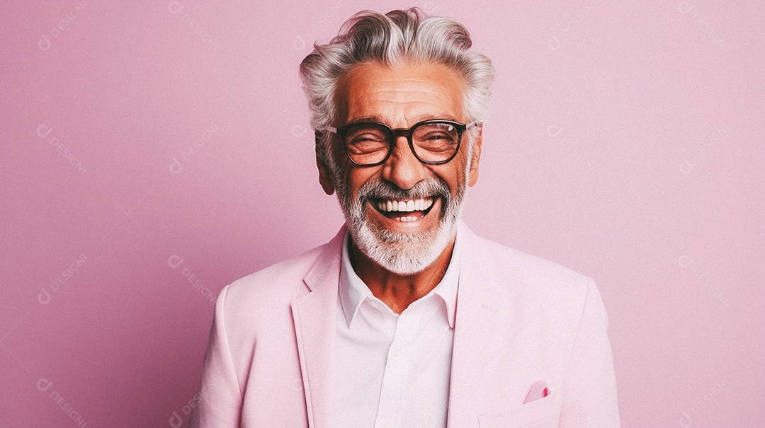 Homem velho e moderno, sorridente, iluminado, estúdio, fundo em cor pastel