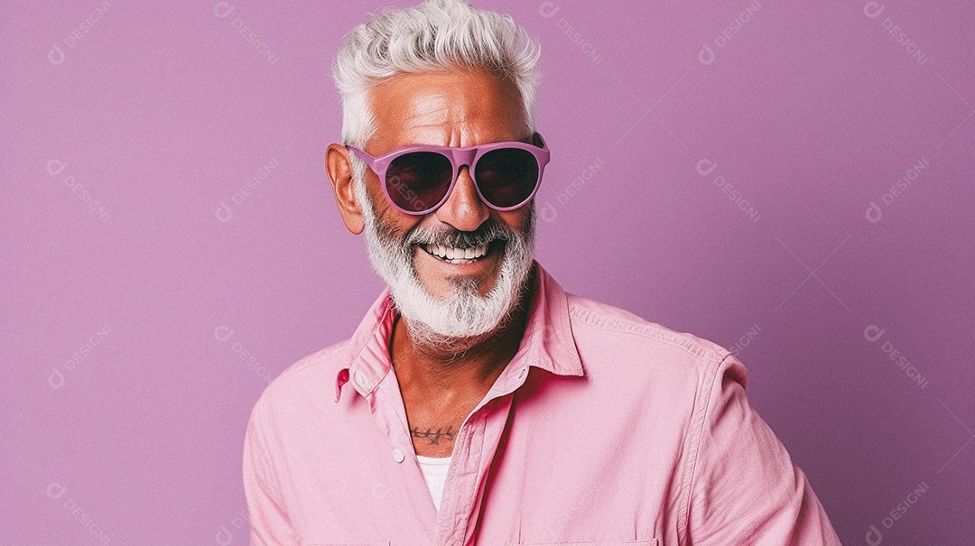 Homem velho e moderno, sorridente, iluminado, estúdio, fundo em cor pastel