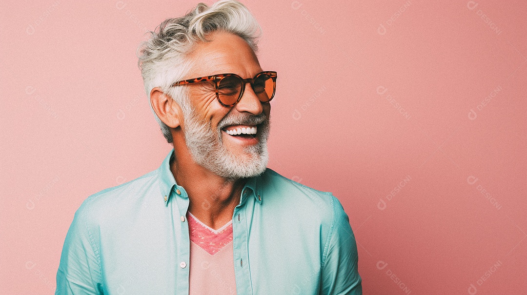 Homem velho e moderno, sorridente, iluminado, estúdio, fundo em cor pastel