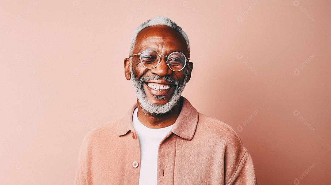 Homem velho e moderno, sorridente, iluminado, estúdio, fundo em cor pastel