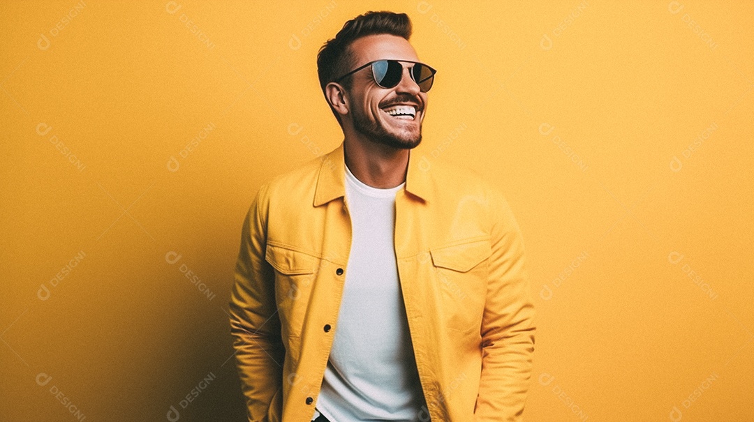 Homem jovem e moderno, sorridente, entusiasmado, estúdio, fundo de cores vivas