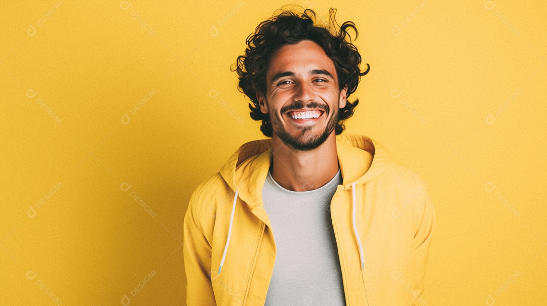 Homem jovem e moderno, sorridente, entusiasmado, estúdio, fundo de cores vivas