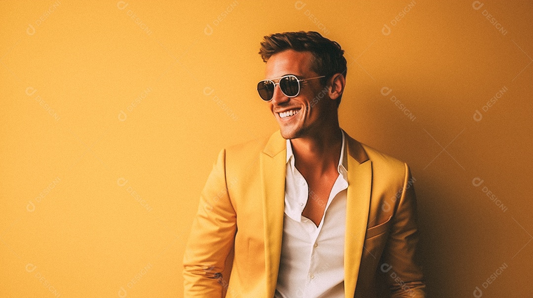 Homem jovem e moderno, sorridente, entusiasmado, estúdio, fundo de cores vivas