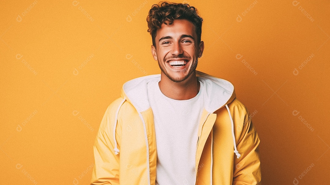 Homem jovem e moderno, sorridente, entusiasmado, estúdio, fundo de cores vivas
