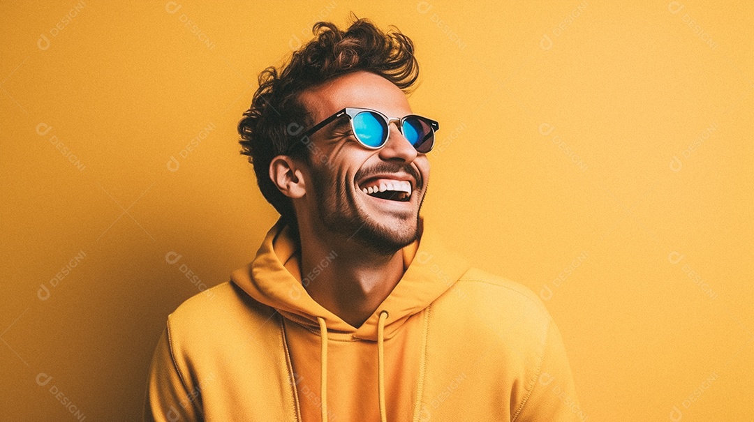 Homem jovem e moderno, sorridente, entusiasmado, estúdio, fundo de cores vivas