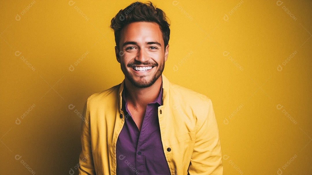 Homem jovem e moderno, sorridente, entusiasmado, estúdio, fundo de cores vivas