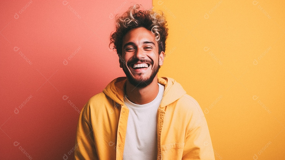 Homem jovem e moderno, sorridente, entusiasmado, estúdio, fundo de cores vivas