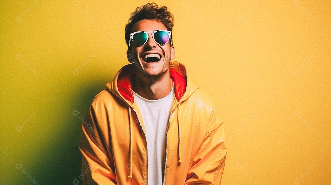 Homem jovem e moderno, sorridente, entusiasmado, estúdio, fundo de cores vivas