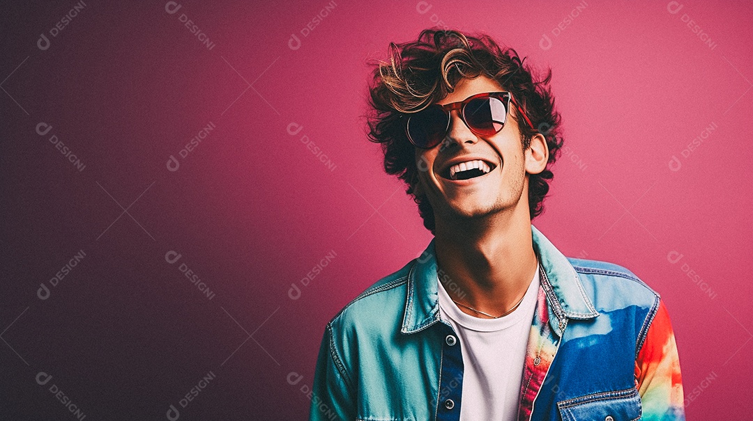 Homem jovem e moderno, sorridente, entusiasmado, estúdio, fundo de cores vivas