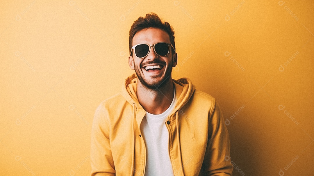Homem jovem e moderno, sorridente, entusiasmado, estúdio, fundo de cores vivas
