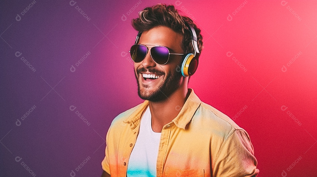 Homem jovem e moderno, sorridente, entusiasmado, estúdio, fundo de cores vivas