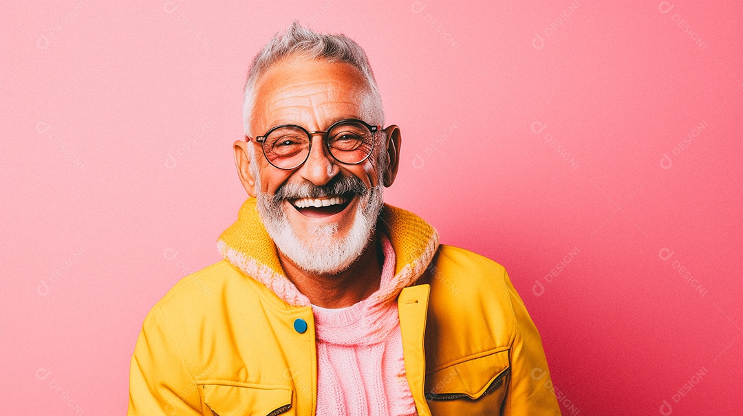 Homem e moderno, sorridente, entusiasmado, estúdio, fundo de cores vivas