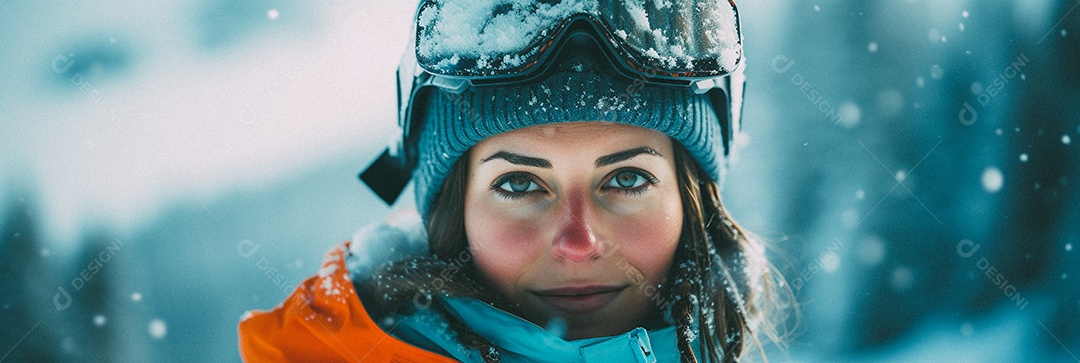 Esquiadora de mulher em uma encosta nevada nas montanhas