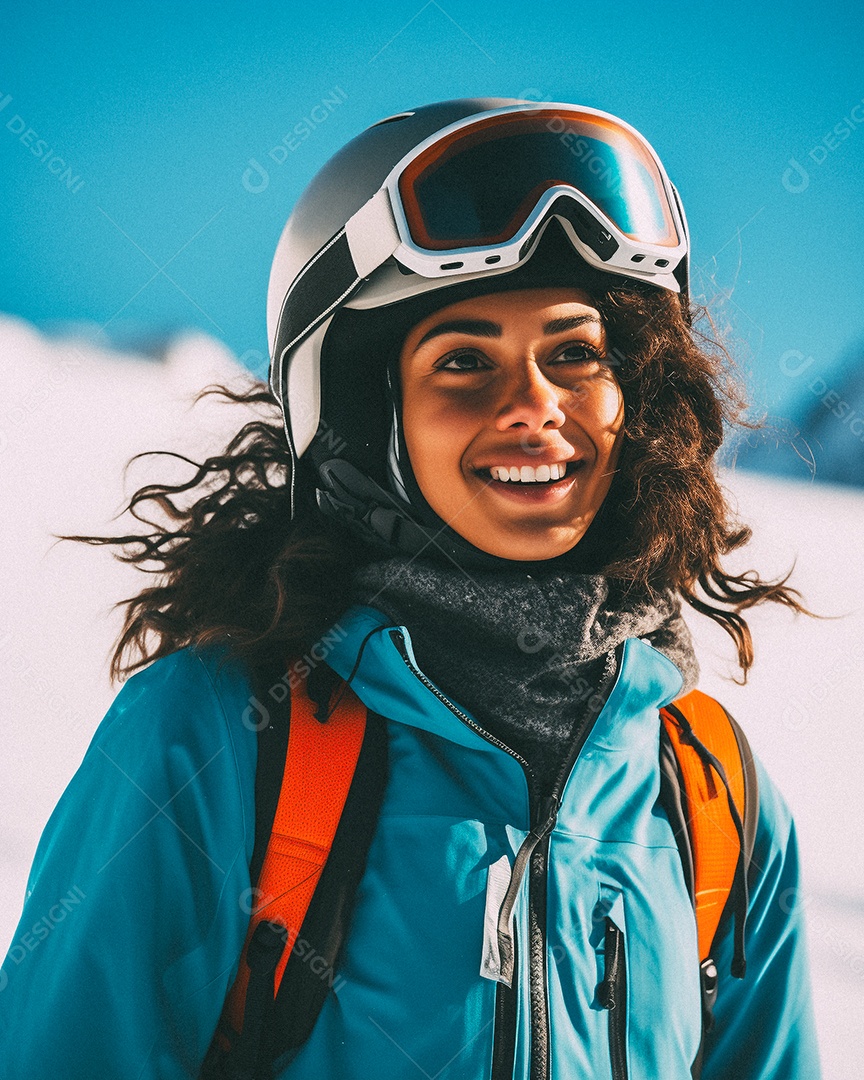 Esquiadora de mulher em uma encosta nevada nas montanhas